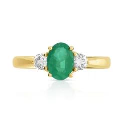 Bague or 750 jaune émeraude ovale et diamants
