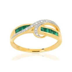 Bague or 750 jaune émeraudes carrées et diamants