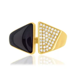 Bague or 375 jaune ouverte résine noire et zirconias