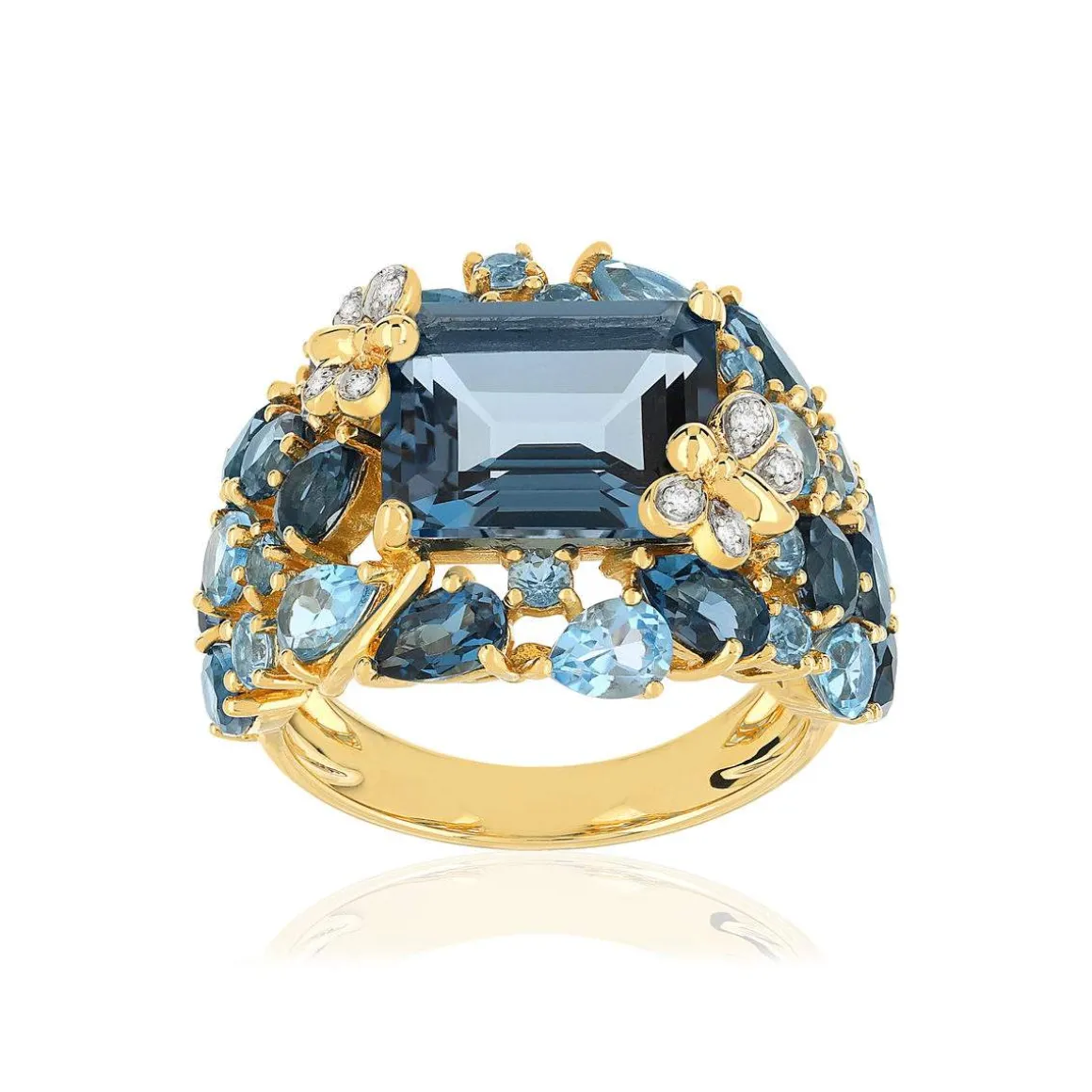 Bague or jaune 750 papillons topazes traitées London Blue et Swiss Blue et diamants