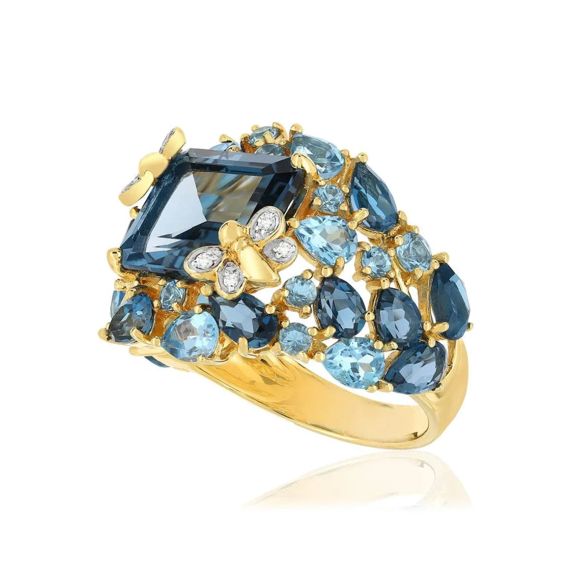 Bague or jaune 750 papillons topazes traitées London Blue et Swiss Blue et diamants