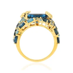 Bague or jaune 750 papillons topazes traitées London Blue et Swiss Blue et diamants