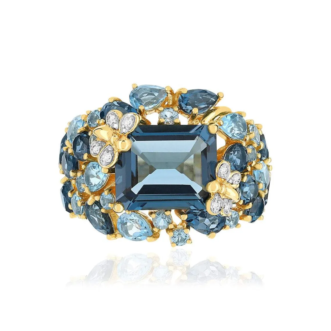 Bague or jaune 750 papillons topazes traitées London Blue et Swiss Blue et diamants