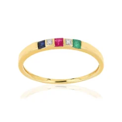 Bague or 750 jaune pierres précieuses carrées et diamants