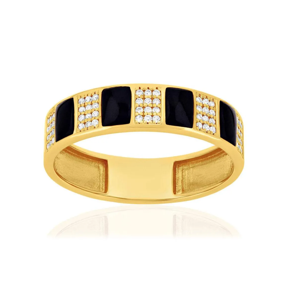 Bague or 375 jaune résine noire et zirconias