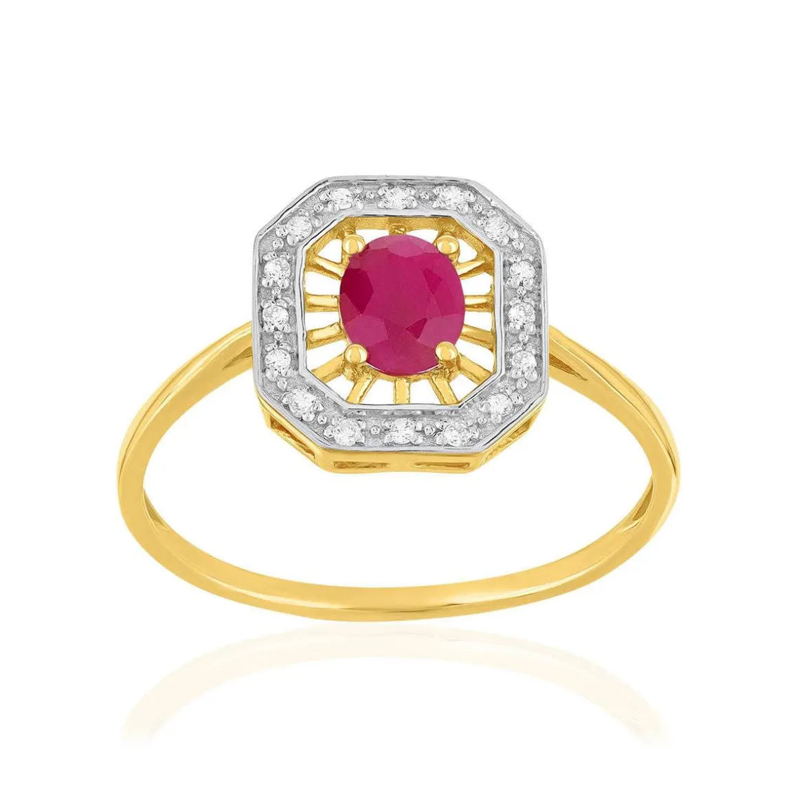 Bague or 375 jaune rubis et diamants