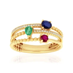 Bague or 750 jaune rubis, émeraudes, saphirs et diamants