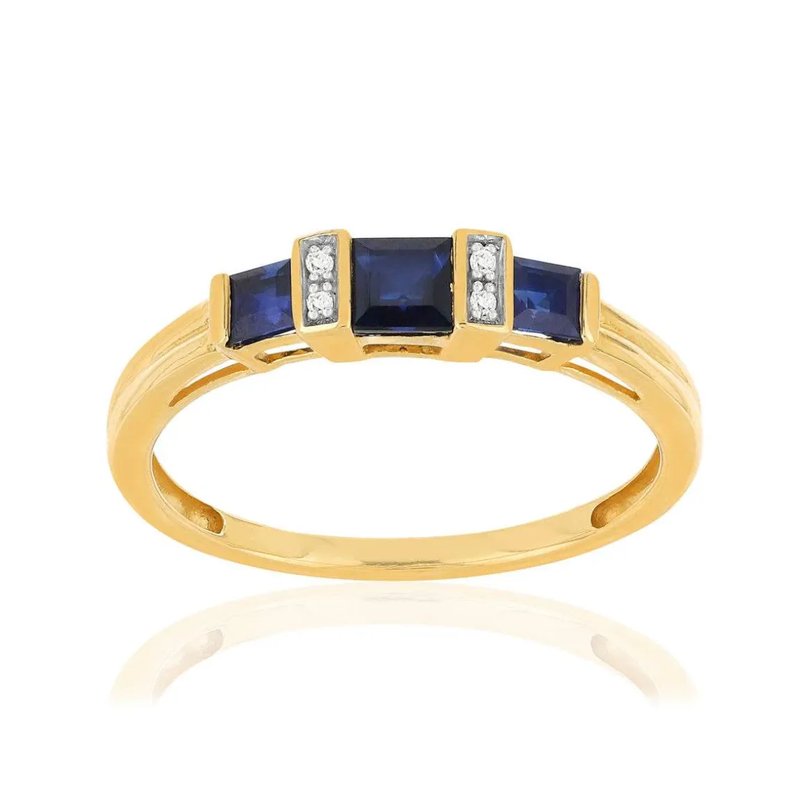 Bague or 750 jaune saphirs carrés et diamants