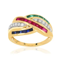 Bague or 750 jaune saphirs rubis émeraudes et diamants