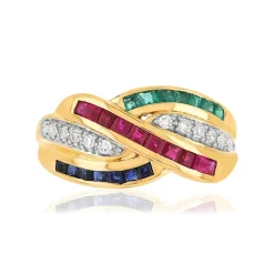 Bague or 750 jaune saphirs rubis émeraudes et diamants