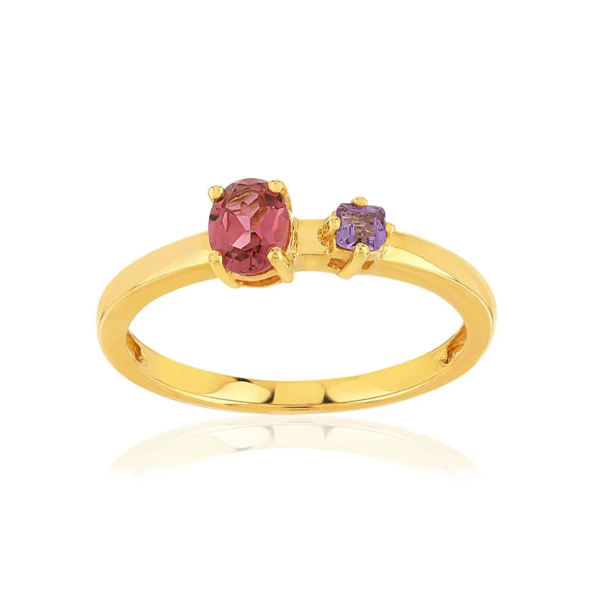 Bague or 375 jaune tourmaline et améthyste