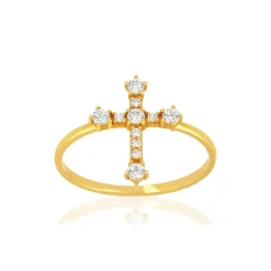Bague or 375 jaune zirconias blancs croix