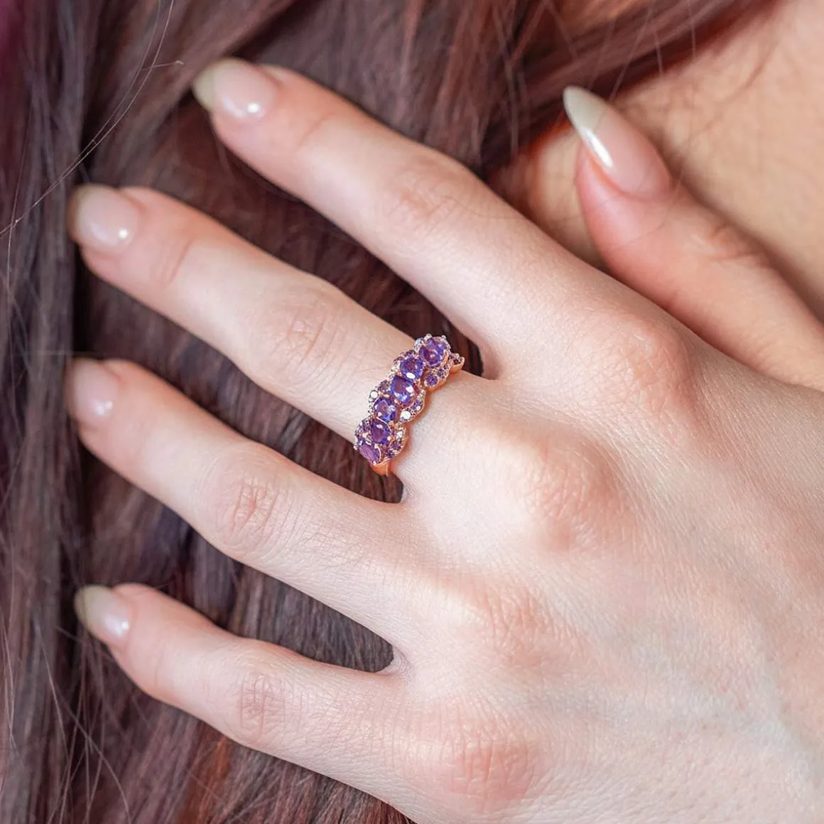 Bague or 375 rose améthystes et diamants