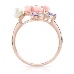 Bague or 375 rose fleur pierres fines diamants perle de culture de Chine et nacre rose