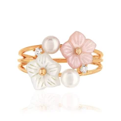 Bague or 375 rose fleurs nacres perles et topazes blanches