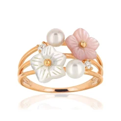 Bague or 375 rose fleurs nacres perles et topazes blanches