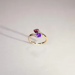 Bague or 375 rose grenat rhodolite et améthystes coeurs