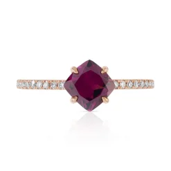 Bague or 375 rose grenat rhodolite carrée et diamants