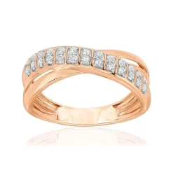 Bague or 750 rose 2 tons anneaux croisés diamants synthétiques 0,25 carat