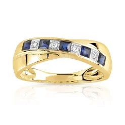 Bague or 750 2 tons anneaux croisés saphirs carrés et diamants