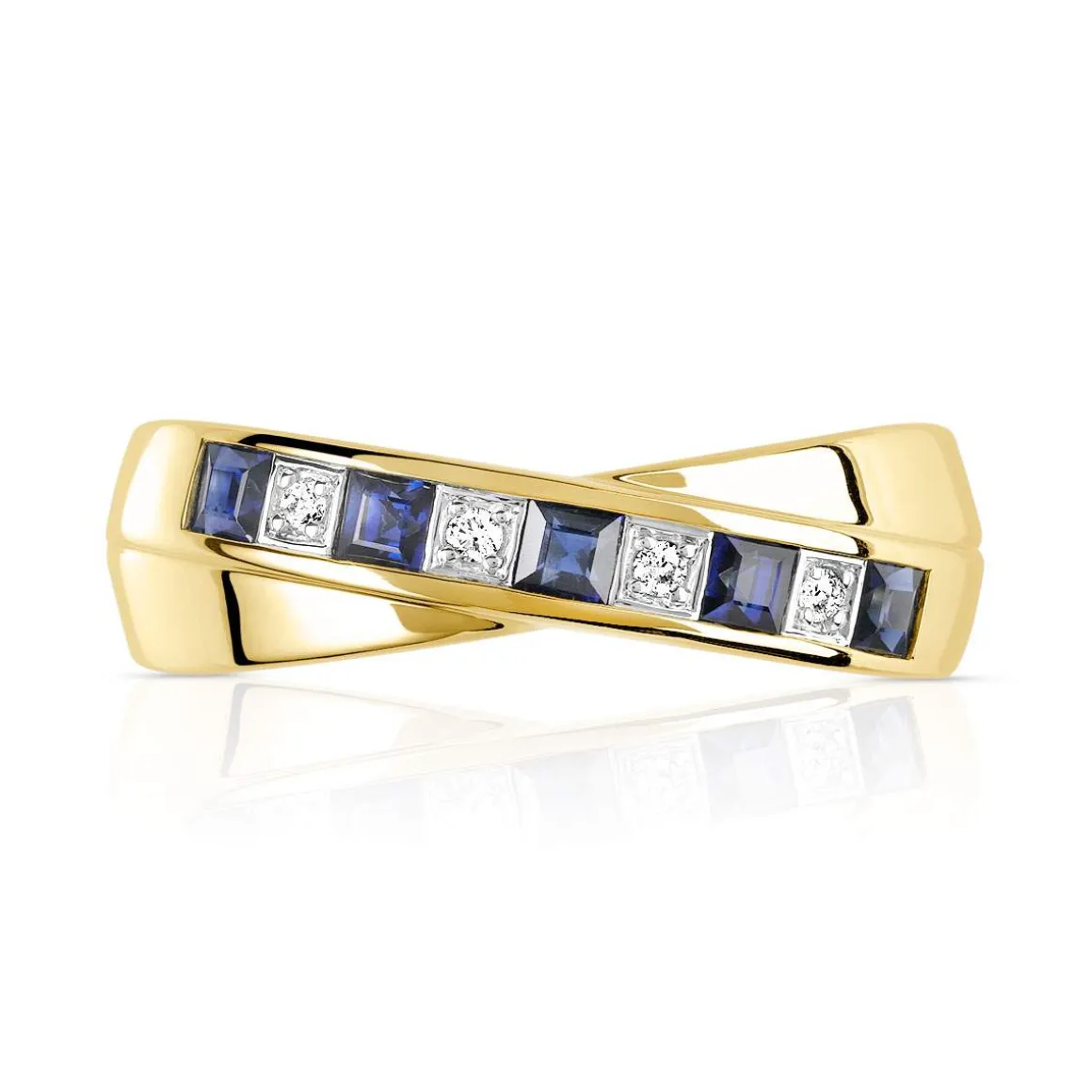Bague or 750 2 tons anneaux croisés saphirs carrés et diamants