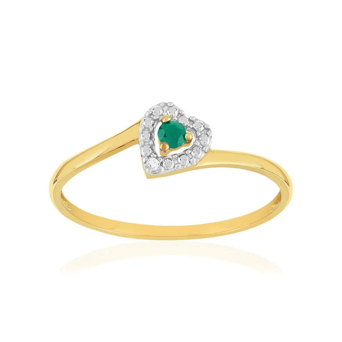 Bague or 375 2 tons coeur émeraude et diamants