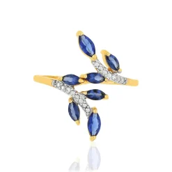 Bague or 375 2 tons feuilles saphirs taille marquise et diamants