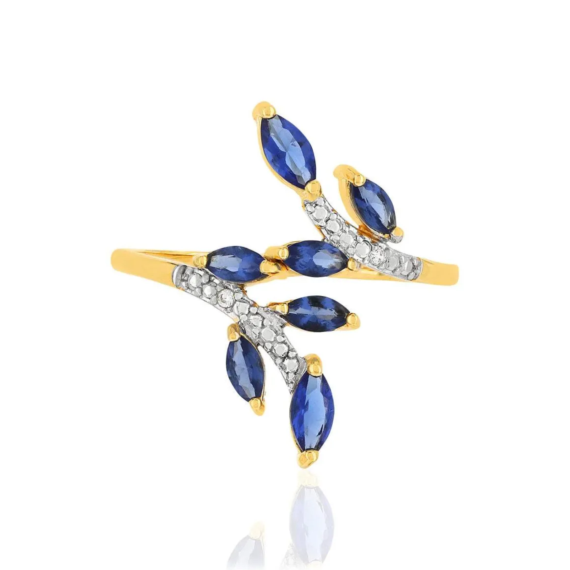 Bague or 375 2 tons feuilles saphirs taille marquise et diamants
