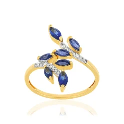 Bague or 375 2 tons feuilles saphirs taille marquise et diamants