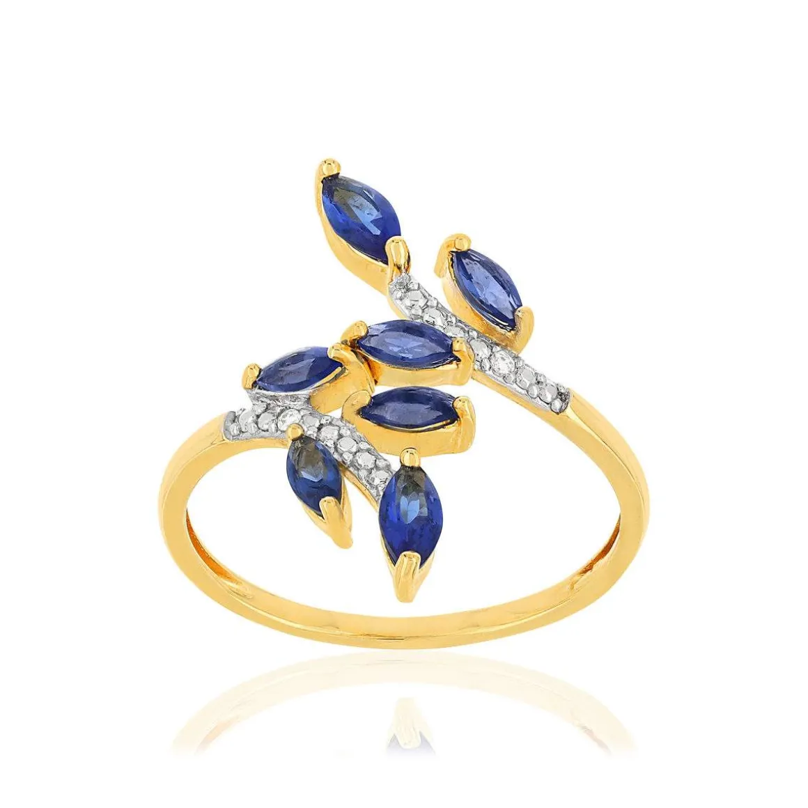 Bague or 375 2 tons feuilles saphirs taille marquise et diamants