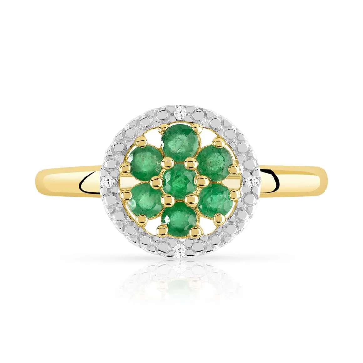 Bague or 375 2 tons fleur émeraudes et diamants