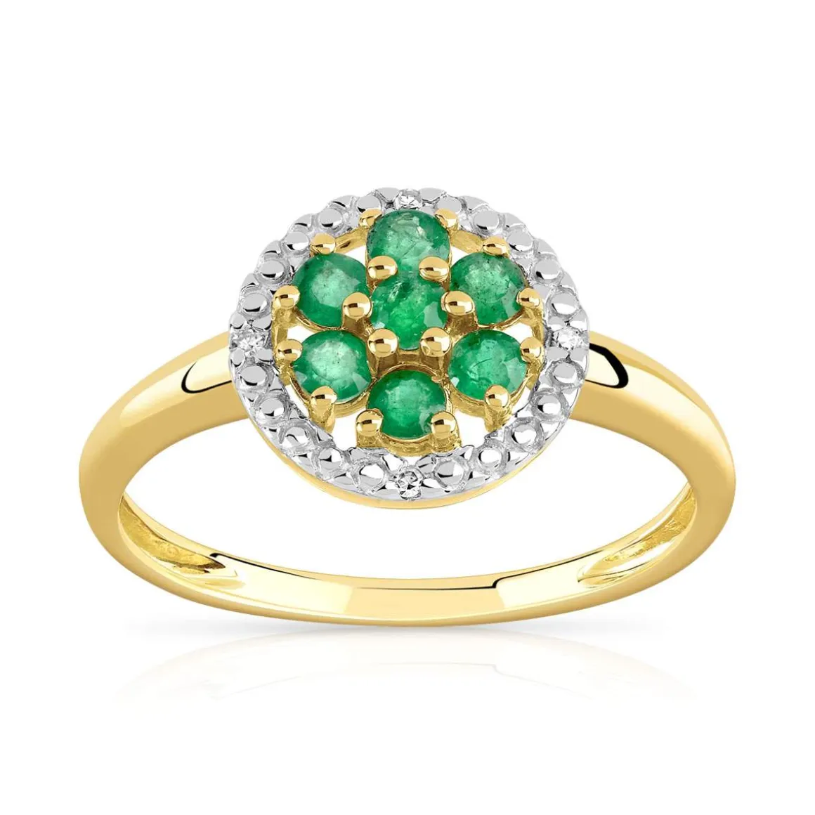 Bague or 375 2 tons fleur émeraudes et diamants
