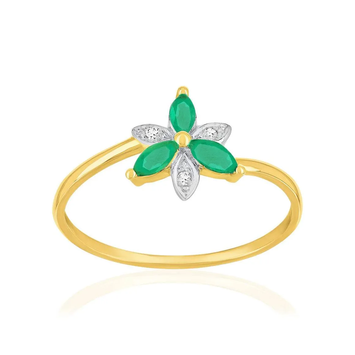 Bague or 375 2 tons fleur émeraudes et diamants
