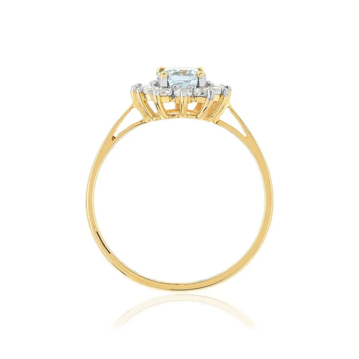 Bague or 375 2 tons fleur topaze bleue traitée ovale et zirconias