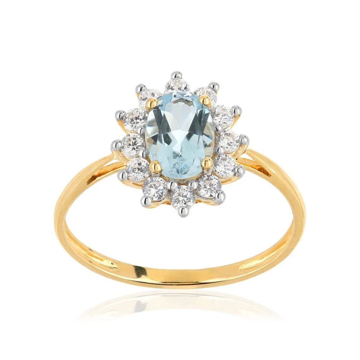 Bague or 375 2 tons fleur topaze bleue traitée ovale et zirconias