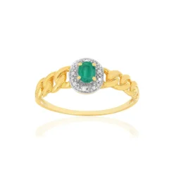 Bague or 375 2 tons, émeraude, diamants, motif maille gourmette