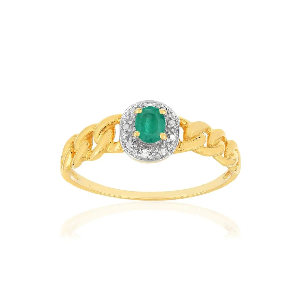 Bague or 375 2 tons, émeraude, diamants, motif maille gourmette