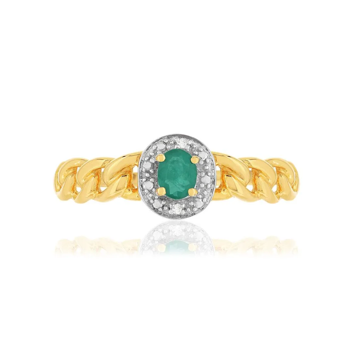 Bague or 375 2 tons, émeraude, diamants, motif maille gourmette