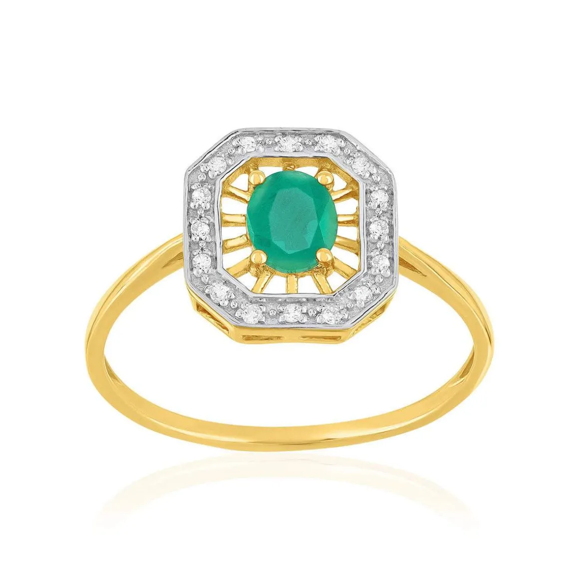 Bague or 375 2 tons émeraude et diamants