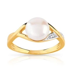 Bague or 375 2 tons perle de culture de Chine et diamants