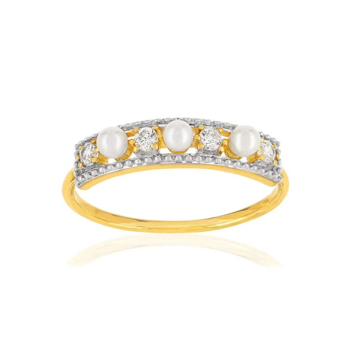 Bague or 375 2 tons perles de culture de Chine et zirconias