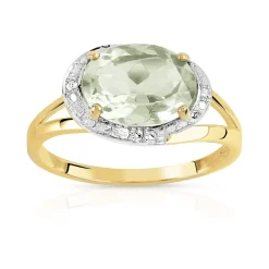Bague or 375 2 tons quartz vert ovale et diamants