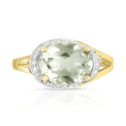 Bague or 375 2 tons quartz vert ovale et diamants