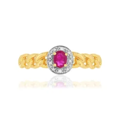 Bague or 375 2 tons, rubis et diamants, motif maille gourmette