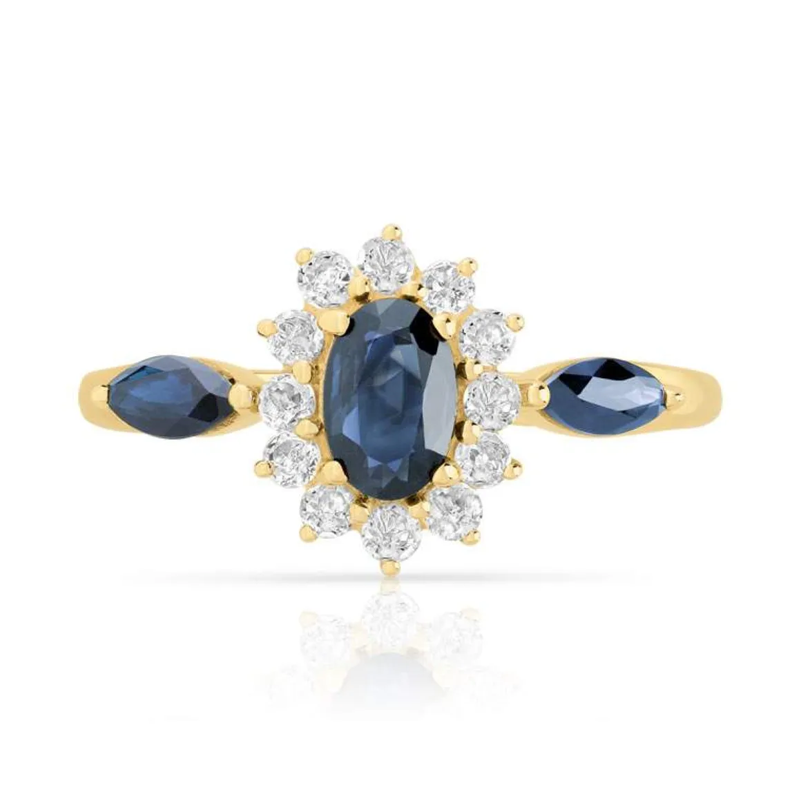 Bague or 375 2 tons saphirs ovales et topazes blanches