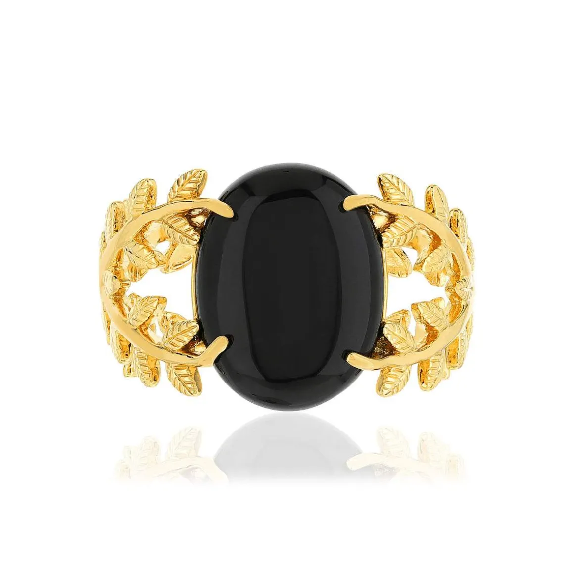 Bague plaqué or feuillage agate noire ovale