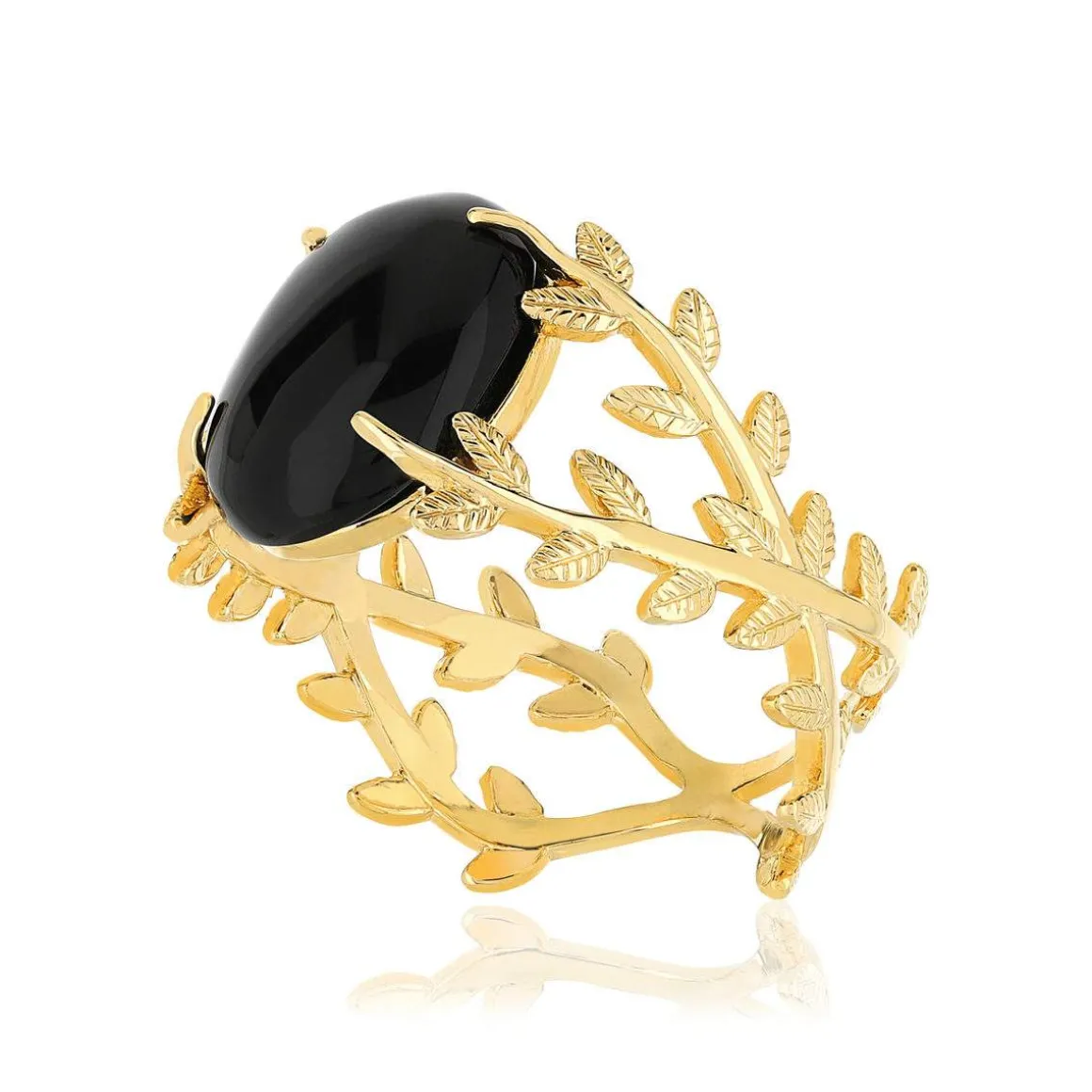Bague plaqué or feuillage agate noire ovale