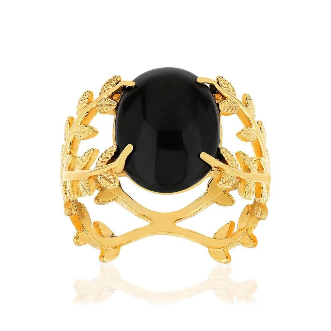 Bague plaqué or feuillage agate noire ovale