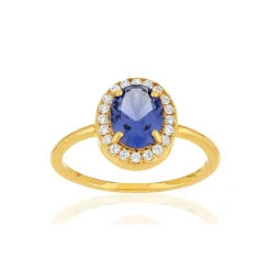 Bague plaqué or ovale pierre imitation bleue et zirconias