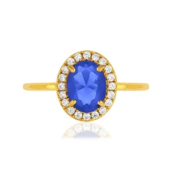 Bague plaqué or ovale pierre imitation bleue et zirconias